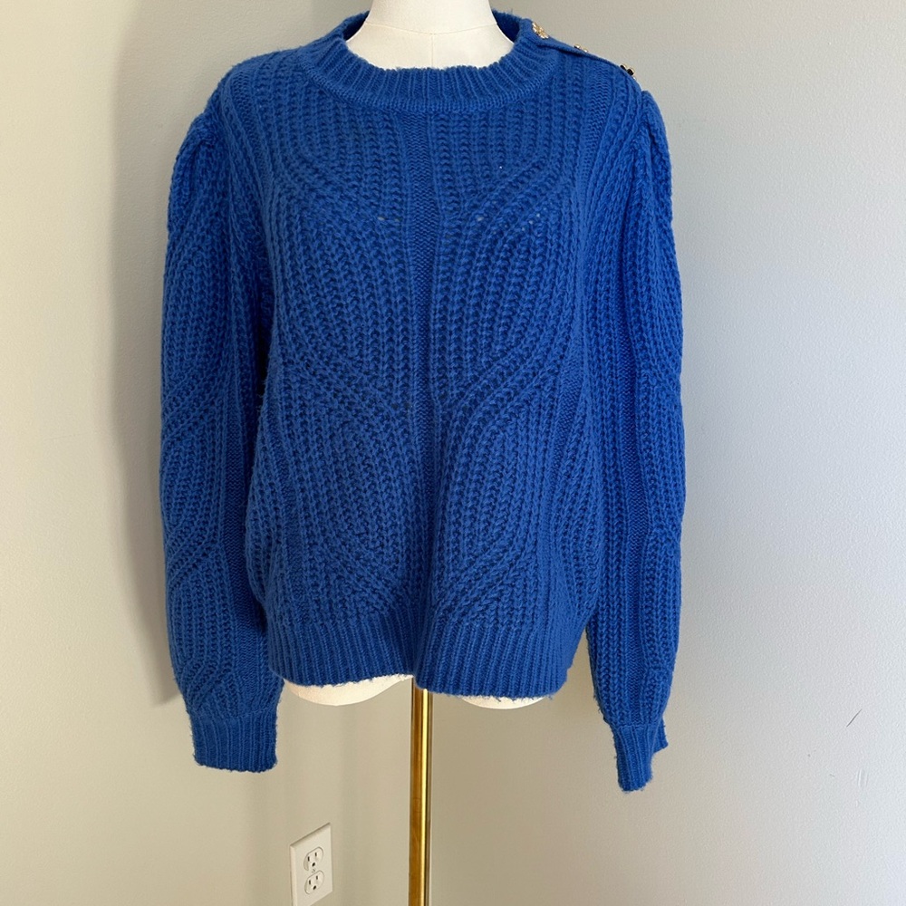 Lost + Wander Blue Cable Knit Puff Sleeve Sweater